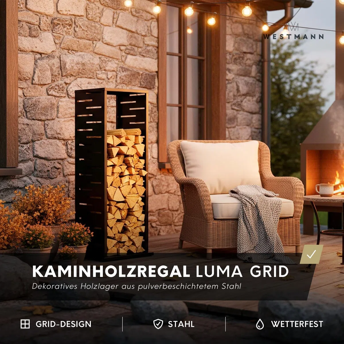 WESTMANN Kaminholzregal Luma Grid 38x38x112 cm Anthrazit Stahl wetterfest