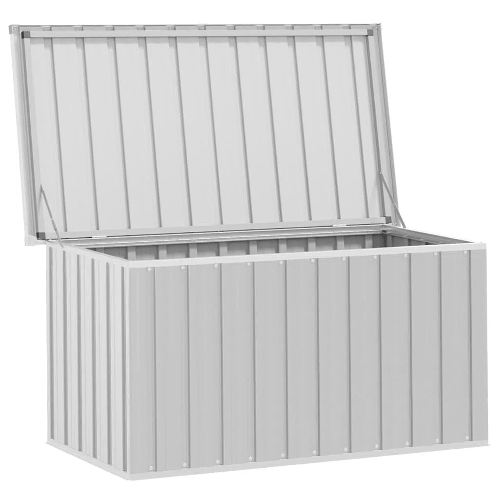 Gartenbox Grau 129x67x65 cm Stilvolle Aufbewahrungsbox für Terrasse Balkon Garten, Robustes Verzinktes Stahlgehäuse, Geräumige Lagerung für Kissen Werkzeug Gartengeräte,