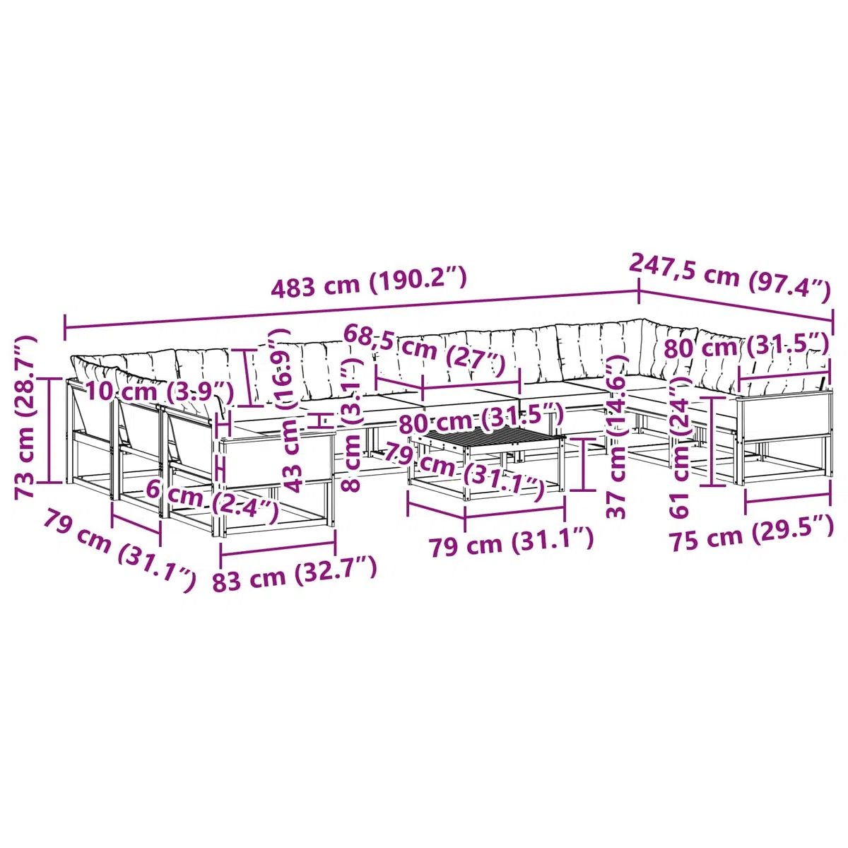 Outdoor-Gartenmöbelgarnitur mit Kissen 11 Teile aus Massivholz und Textilene für Terrasse, Balkon und Garten, wetterfestes Lounge-Set mit Tisch, Sofas, Sesseln und Stauraum