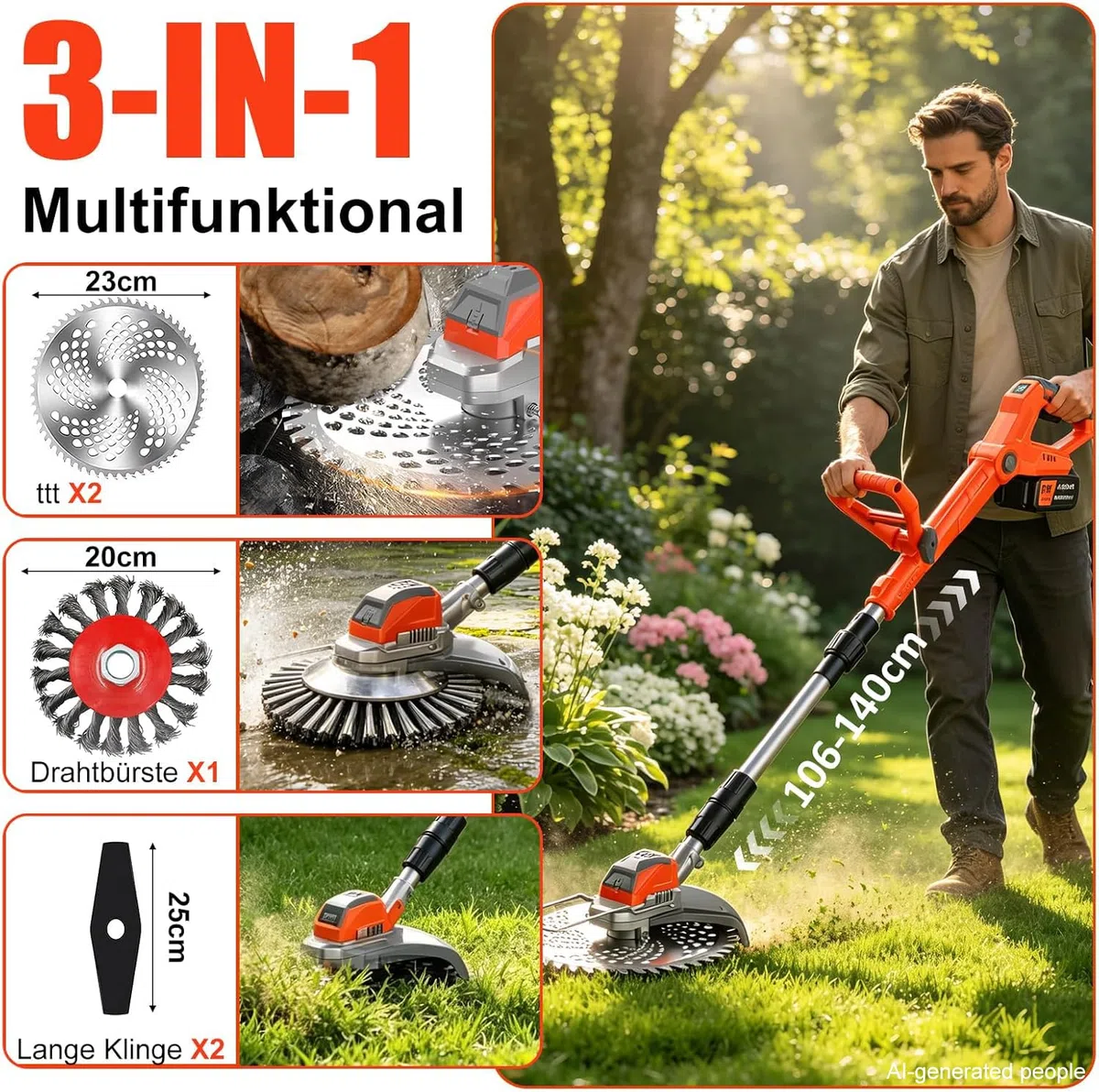 21V Rasentrimmer mit Akku, 3 in 1 Rasenkantenschneider mit Unkrautbürste, Faltbar Elektrischer Motorsense, Freischneider mit 3 Verschiedenen Klingen für Rasenschneiden Rasenpflege (Rot-1)