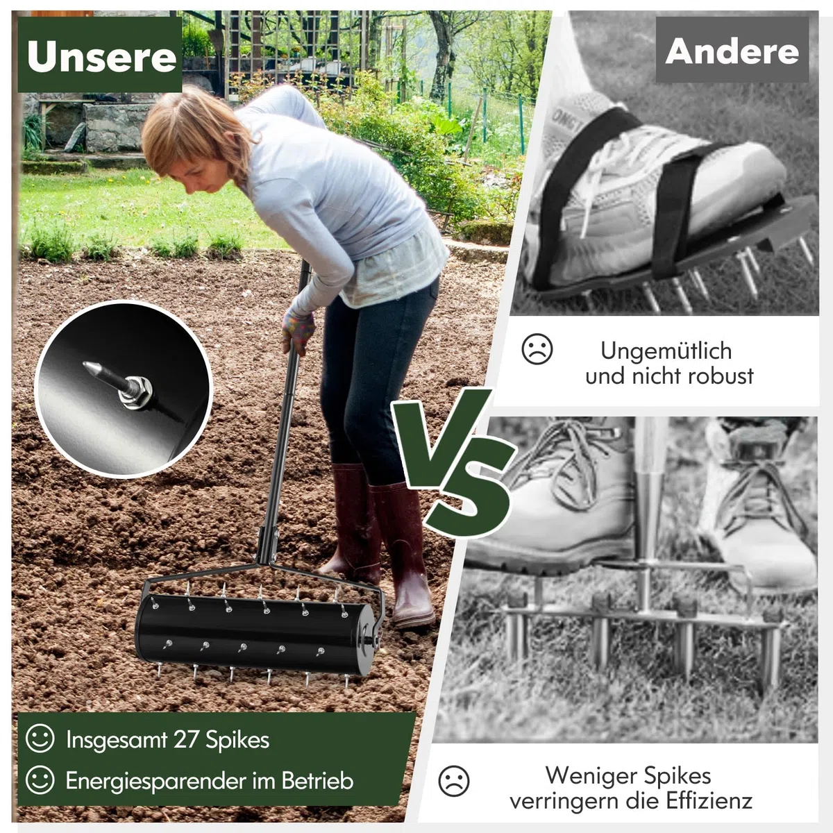 FANTASK Rasenlüfter Walze manuell, 53 x 130 cm, Rasenrolle mit Stiel & Nägeln, Handvertikutierer rollend, Rasenbelüfter Gartenwalze, schwarz