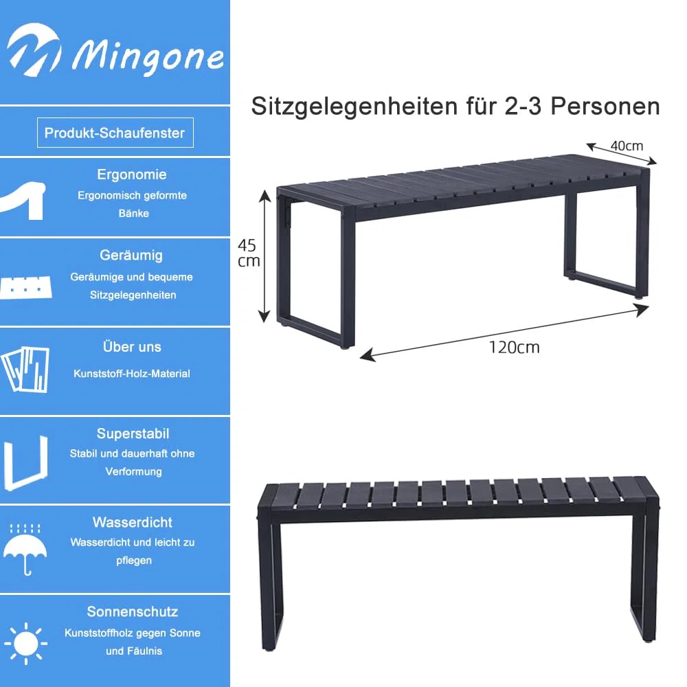 Mingone Gartenbank Wetterfest Sitzbank Parkbank Bank Holz Gartenmöbel für Balkon Terrasse Garten bis 200kg Belastbar (120cm-1) | Sitzbank ohne Rückenlehne | Balkonbank Wetterfest | Für Balkon Terrasse Garten | Bis 200kg Belastbar