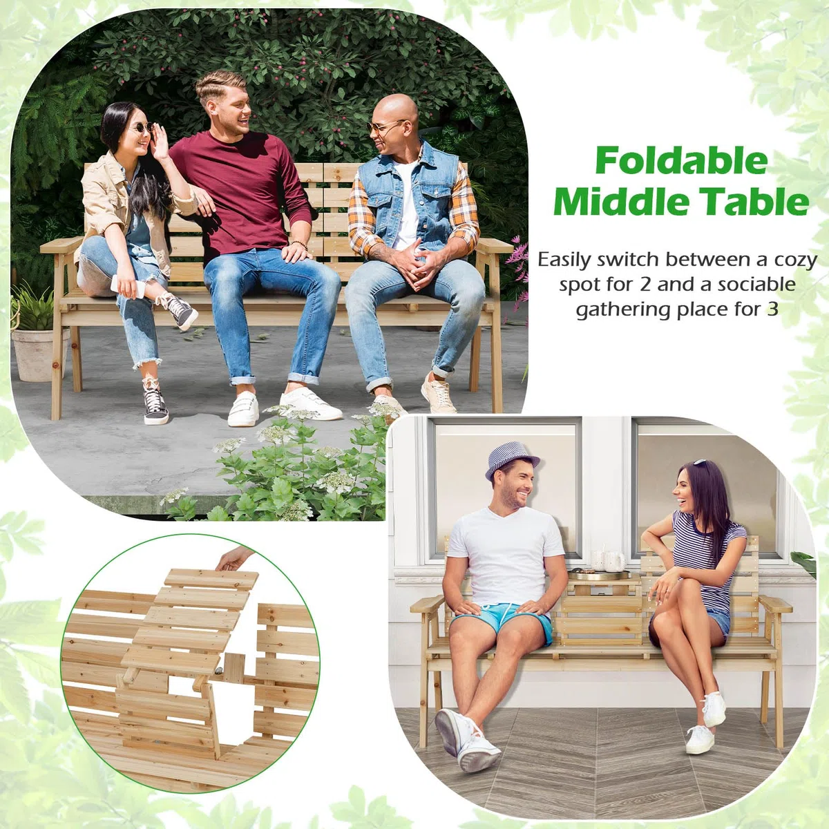 GIANTEX Gartenbank mit Tisch, Massive Holzbank mit klappbarem Mitteltisch, Sitzbank Bank 3 Sitzer, Parkbank ergonomisch mit Rücken- & Armlehnen, Garten Balkonbank Terrassenbank bis 320 kg belastbar