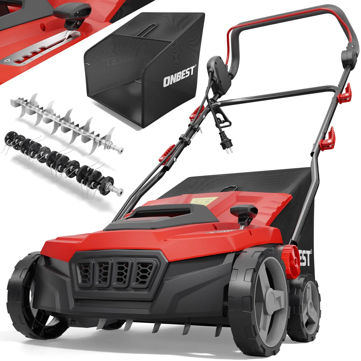 ONBEST 2in1 Elektro Vertikutierer 1800 W – 38 cm mit Fangkorb | Rasenvertikutierer mit Vertikutier- & Lüfterwalze, 45 L Fangkorb – entfernt Moos, Unkraut und Rasenfilz