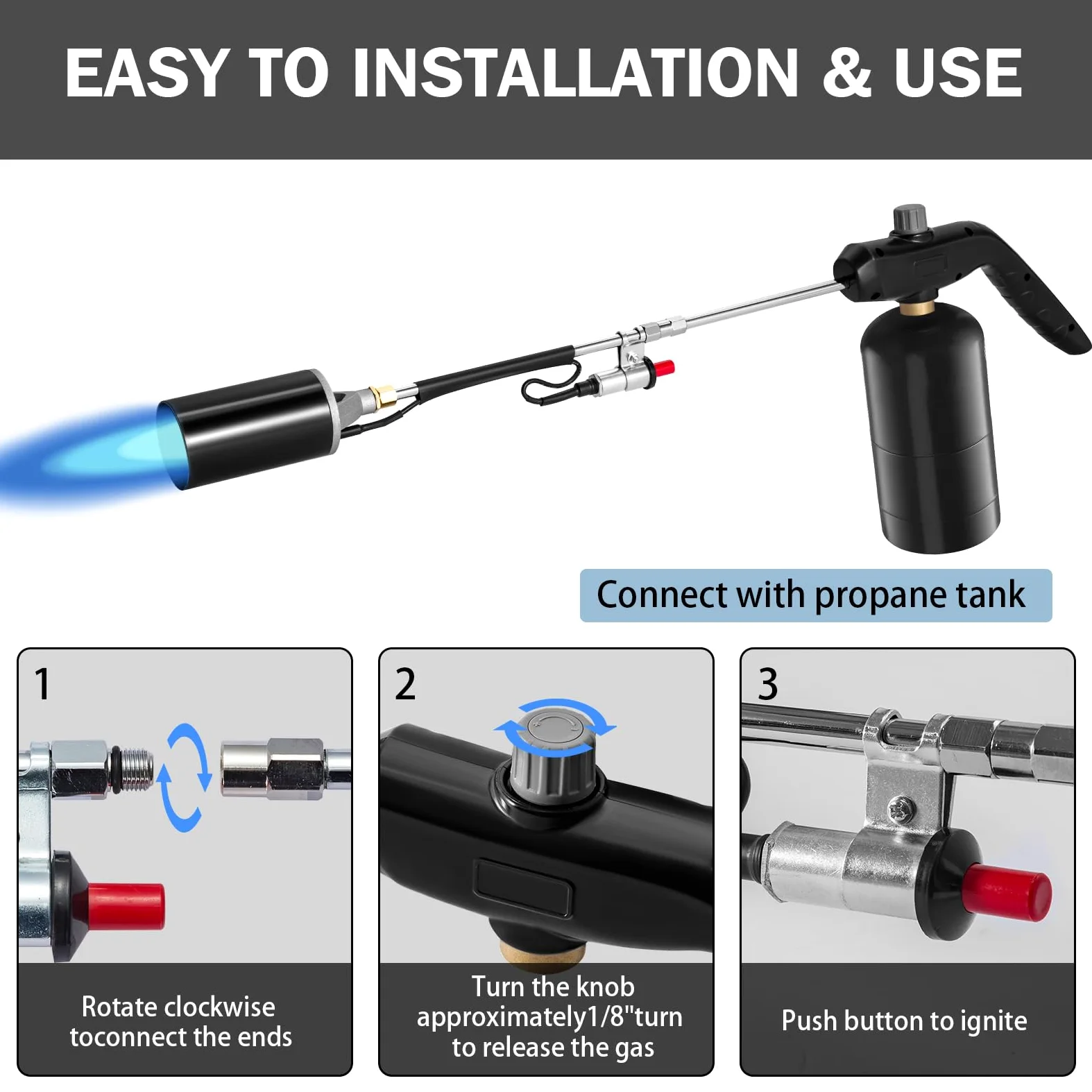 Propanbrenner, Unkrautbrenner, hohe Leistung, 1200.000 BTU Lötlampe mit Flammensteuerung, 76,2 cm, abnehmbarer langer Arm für Dachasphalt, Eis, Schnee, Straßenmarkierung, Anthrazit