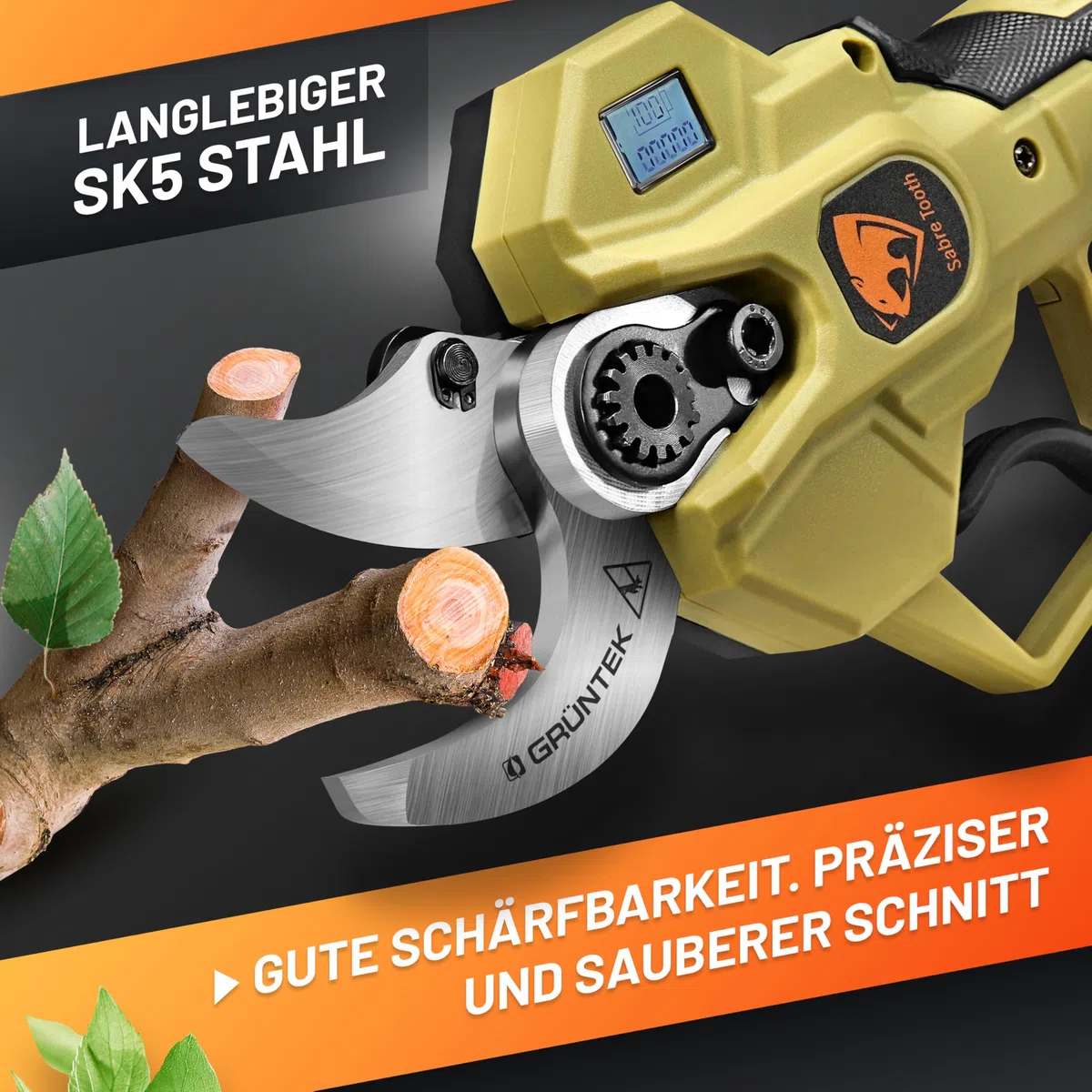 GRÜNTEK Akku Astschere 21V 2Ah Brushless, Elektrische Gartenschere Akku bis 30mm, 400W Bürstenloser Motor SK5 Klinge Makita-Kompatibel, Koffer Komplett-Set Baumschere Akkuschere