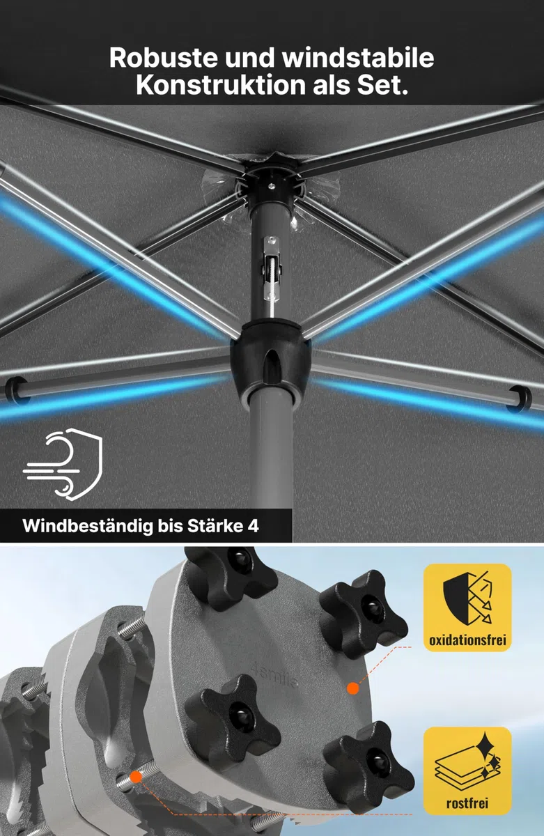 Menz Sonnenschirm Balkon mit Halterung im 3-er-Set, mit Kurbel, UV 50+, 200x125 cm, Anthrazit, Sonnenschutz Balkon, Sonnenschirm rechteckig, Balkonschirm mit Sonnenschirmhalter für Balkongeländer
