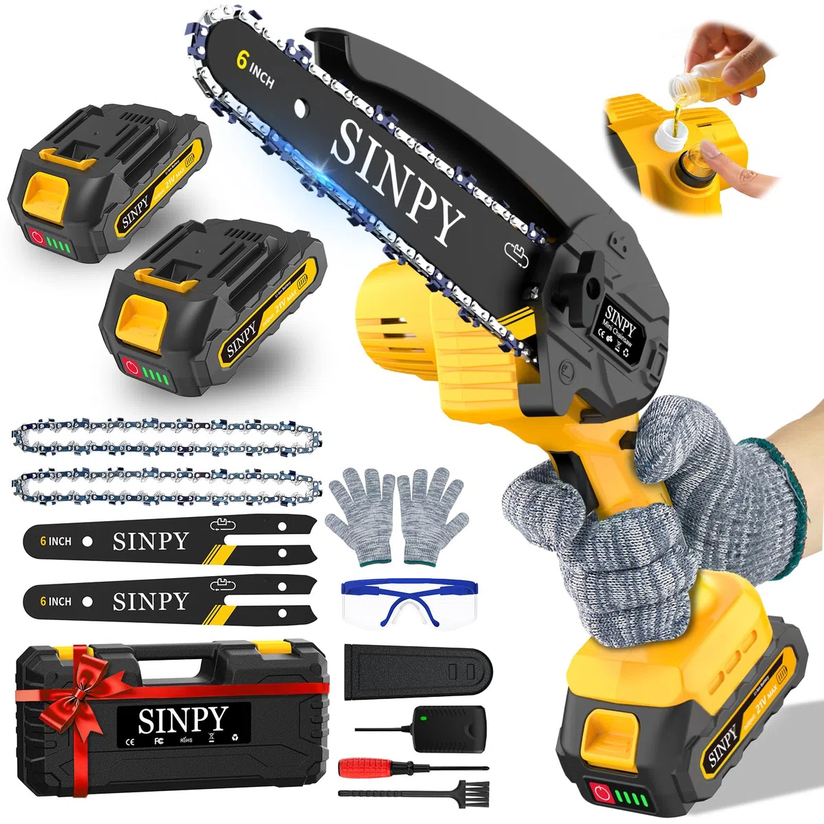 6 Zoll Kabellose Mini-Kettensäge, elektrische Kettensäge, 15,2 cm, mit 2 x 2000 mAh Batterien, Akkusäge mit Sicherheitsverriegelung und automatischer Öler für Garten, Holzschnitt