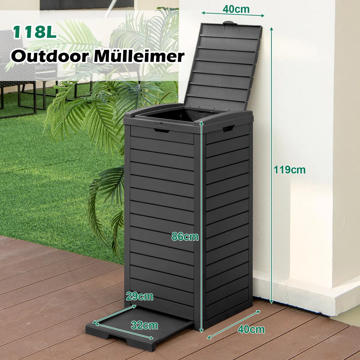 GOPLUS Mülltonnenbox 118 L, Mülleimer mit Klappdeckel & ausziehbarer Abtropfschale, tragbarer Mülltonnecontainer für Terrasse & Hinterhof (Schwarz-1 Pack)