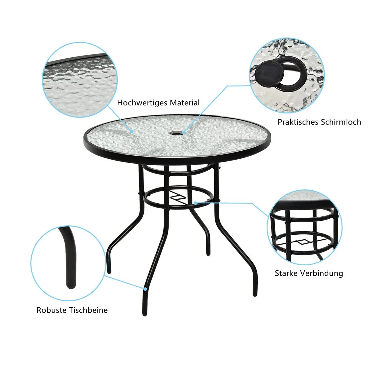 GYMAX Gartentisch rund 80 cm, Balkontisch klein mit Schirmloch, Beistelltisch Outdoor Wetterfest mit Glasplatte & Metallgestell, Terrassentisch für Balkon & Garten