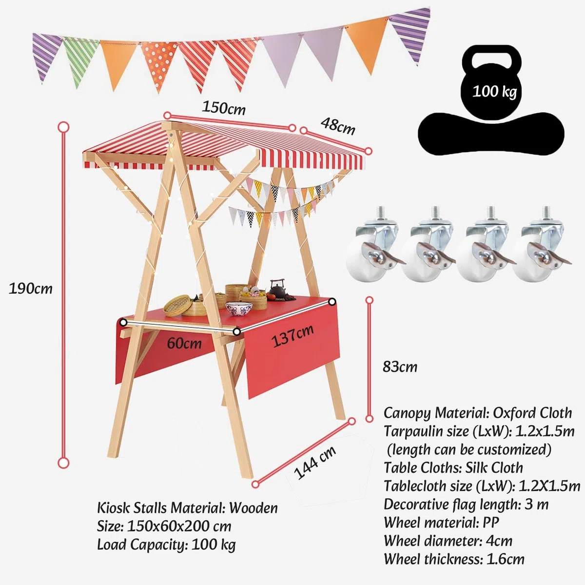 Tragbarer le Kiosk mit ning, faltbarer Lebensmittelwagen auf Rädern für Eis, Desserts & Obst – Vielseitiger Outdoor-Verteiler für Veranstaltungen & Partys