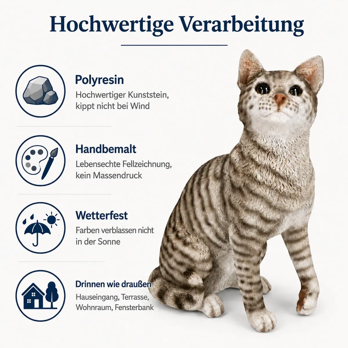 Figuren Shop GmbH Gartenfigur Katze sitzend 34,5 cm – grau getigerte Katzenfigur mit erhobener Pfote aus Polyresin, handbemalt und wetterfest – Tierfigur Gartenskulptur für Haustür und Terrasse