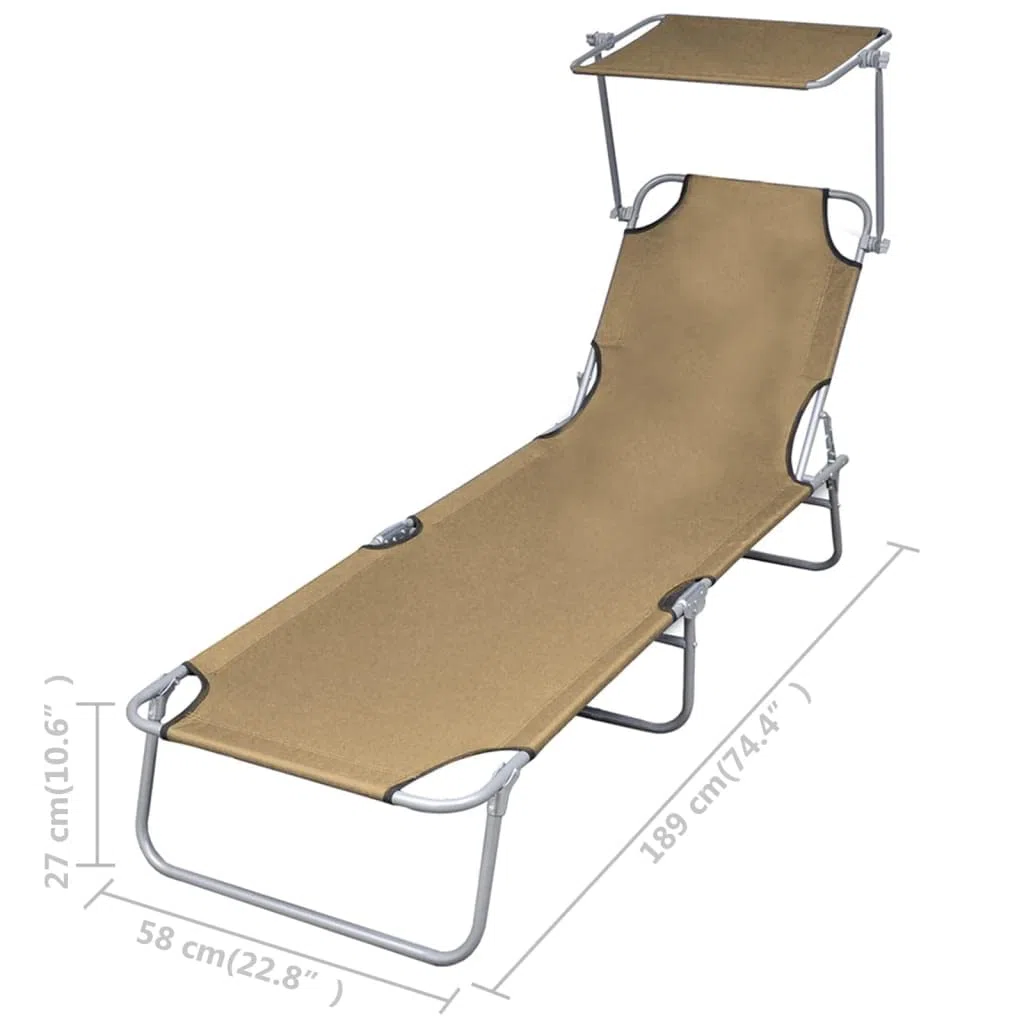 Sonnenliege Klappbar mit Sonnenschutz Stahl Taupe verstellbar 189x58x27 cm für Garten Terrasse Strand Outdoor Relax mit Dach und ergonomischer Rückenlehne