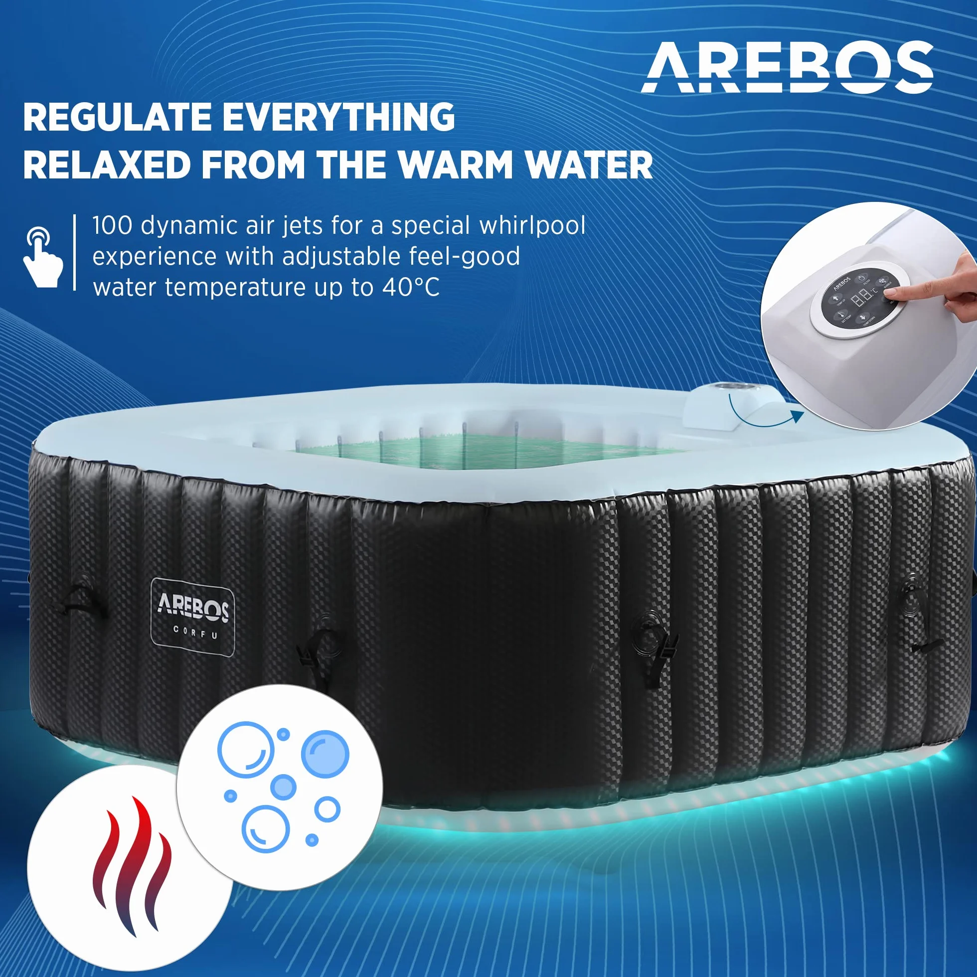 Arebos Whirlpool | 154 x 154 cm | mit LED-Beleuchtung | aufblasbar | quadratisch | In- & Outdoor | 4 Personen | 100 Massagedüsen | mit Heizung | 600 L | Inkl. Abdeckung | Bubble Spa & Wellness Massage