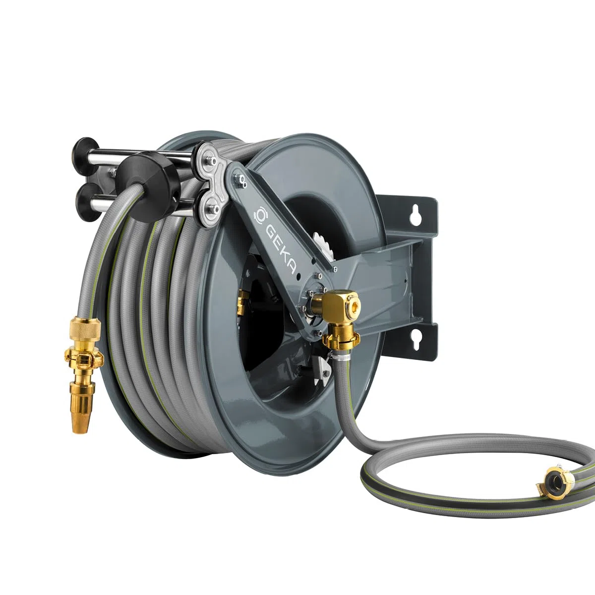 GEKA plus Automatischer Schlauchaufroller PA30SK (robuster Schlauchaufroller, Stahlkonstruktion, autom. Rückzug, schrittweise Arretierung, mit 30 m Wasserschlauch), Grau