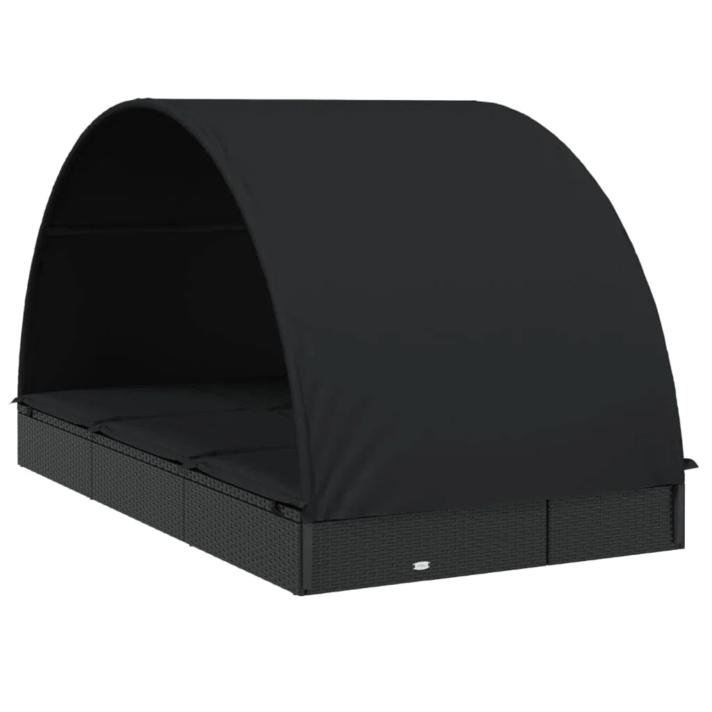 Sonnenliege für 2 Personen mit rundem Dach Schwarz 211x112x140 cm aus PE-Rattan pulverbeschichtetem Stahl verstellbar mit Polstern für Terrasse Balkon Pool Camping Relaxen
