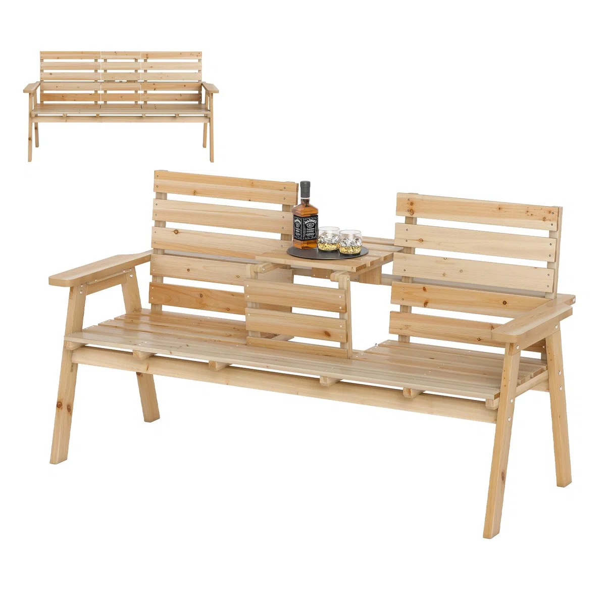 GIANTEX Gartenbank mit Tisch, Massive Holzbank mit klappbarem Mitteltisch, Sitzbank Bank 3 Sitzer, Parkbank ergonomisch mit Rücken- & Armlehnen, Garten Balkonbank Terrassenbank bis 320 kg belastbar