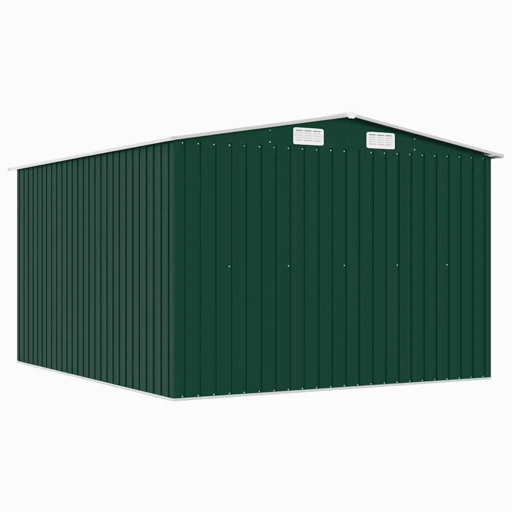 Gerätehaus Metall grün 257x298x178 cm verzinkter Stahl Gartenschuppen mit Lüftungsgittern, Schiebetüren, geräumig für Werkzeugaufbewahrung und Gartenlagerung im Außenbereich Terrasse