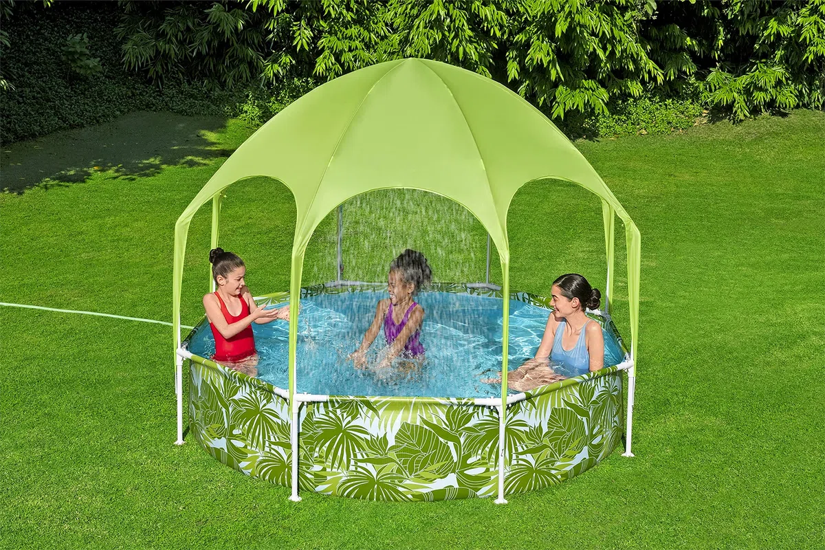 Bestway Steel Pro Frame Pool mit Sonnenschutzdach 244x51 cm – Runder Gartenpool mit Sprinkler & UV-Schutz, Aufstellpool für Kinder & Familie, Grünes Blätter-Design Sommer