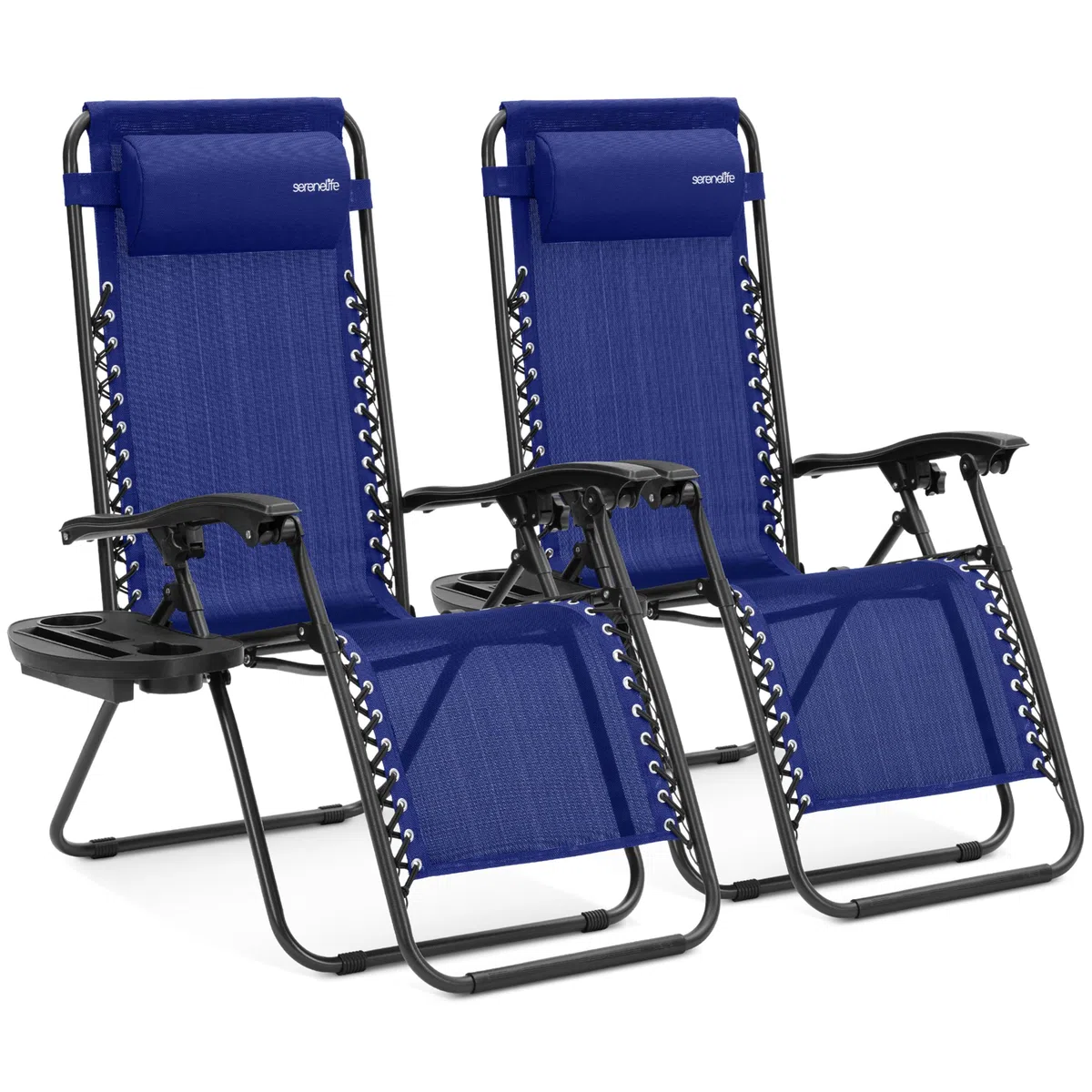 SereneLife Sonnenliege Klappbar 2er Set, Zero Gravity Liegestuhl Garten, bis 120 kg Blau, Verstellbar und Wetterfest, mit Getränkehalter und Kopfstütze, für Balkon Terrasse Strand Relax