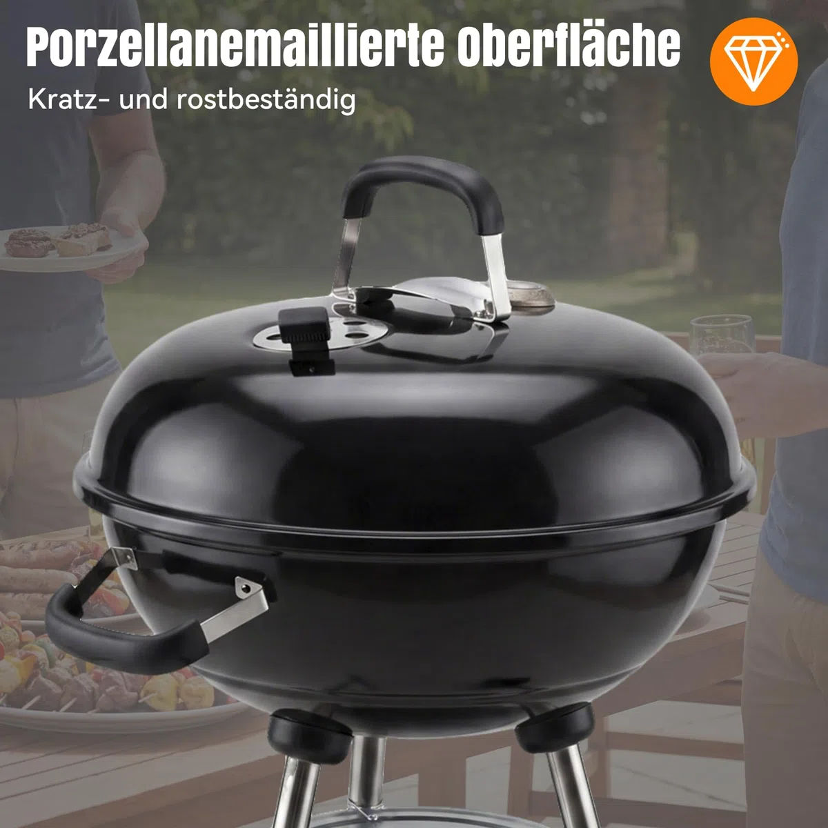 Aoxun Holzkohlegrill, 47 cm Kugelgrill mit Thermometer und regulierbarer Luftzufuhr, kratzfeste, emaillierte Grillschale, Ascheauffangbehälter, Rollen und Ablage, für Garten, und Outdoor, schwarz