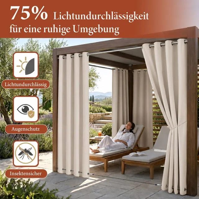 Rosnek 2erOutdoor Vorhang Wetterfest Winddicht, Balkon Gardinen mit Ösen Oben & Unten, Blickdicht Wasserdicht Sonnenschutz Sichtschutz Gardinen für Terrasse,Pergola,Pavillon, H213x B132 cm, Beige