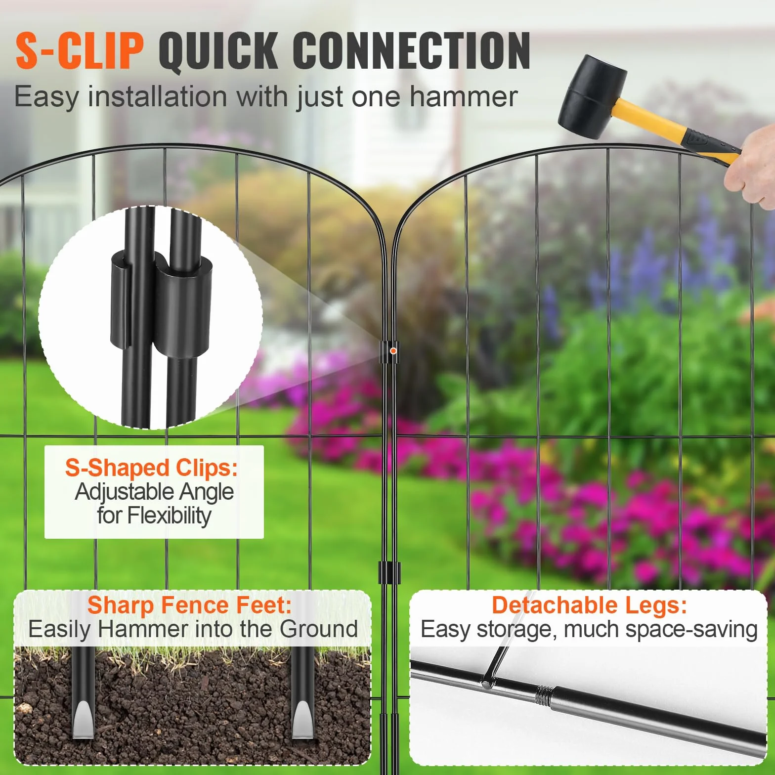 VEVOR 28x Dekorativer Gartenzaun 61x33cm Oberbogen Metallzaun aus Kohlenstoffstahl Steckzaun 5,08cm Spike-Abstand Hundezaun Gitterzaun Beetzaun Zaun Metall Zaunelementen inkl. Befestigungsmaterial