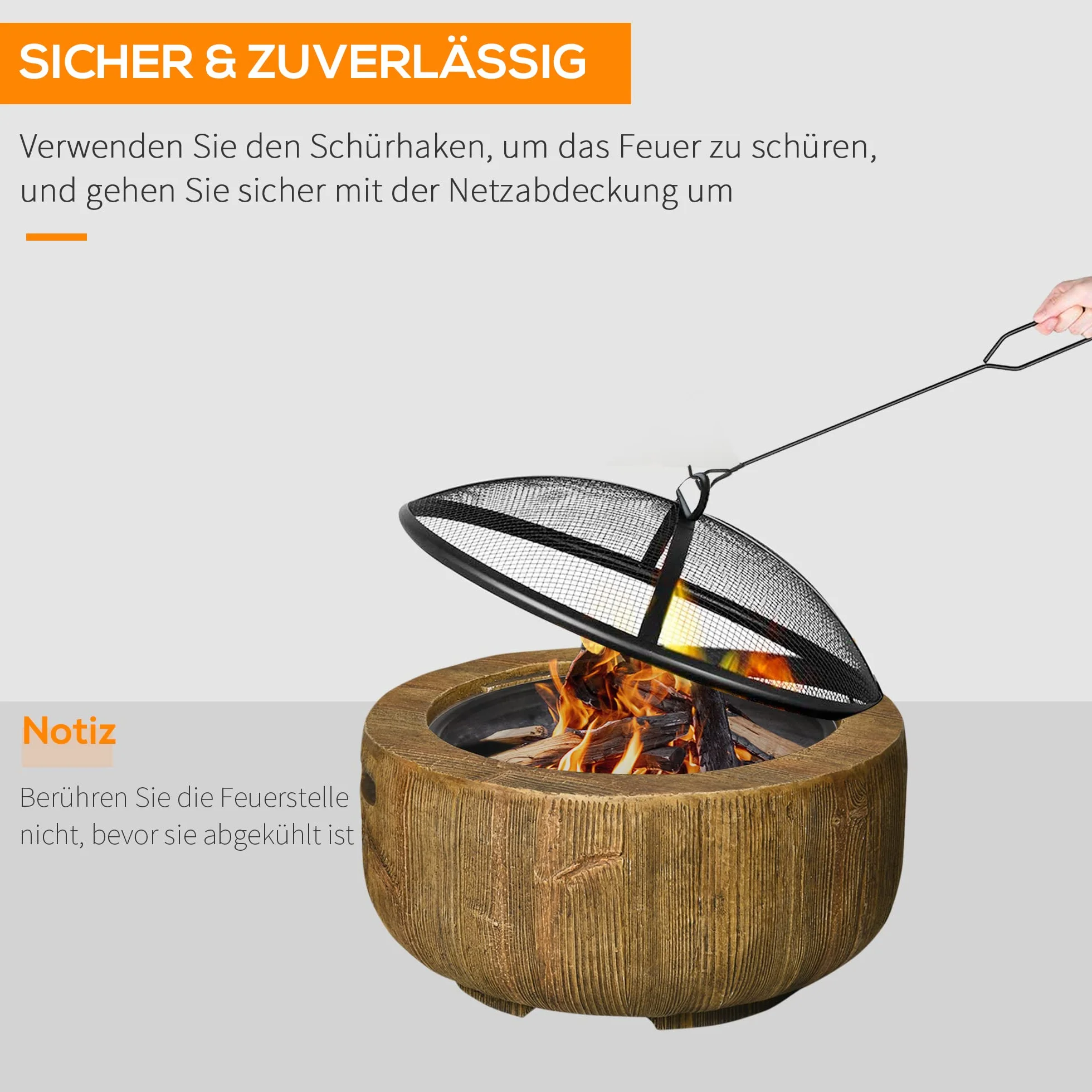 Outsunny Feuerschale Feuerstelle mit Deckel im Baumstumpf-Design Braun | Feuerkorb mit Schürhaken, für Garten, Camping, Terrasse, Stahl, MgO