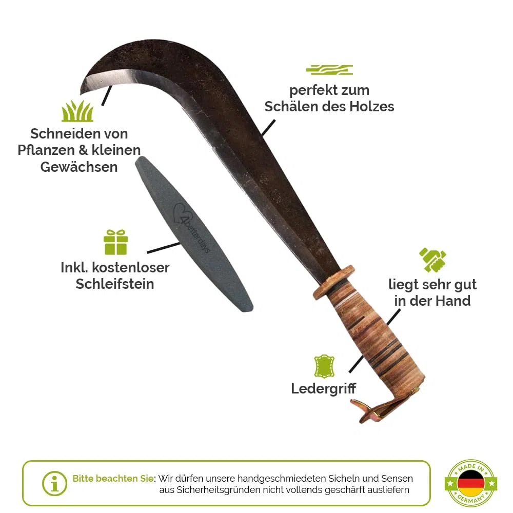 4betterdays.com Handgeschmiedetes Schweizer Gertel mit Ledergriff inkl. Gratis Schleifstein - Staudensichel, Handsichel, Sichel Garten, Sichelmesser/made in Germany