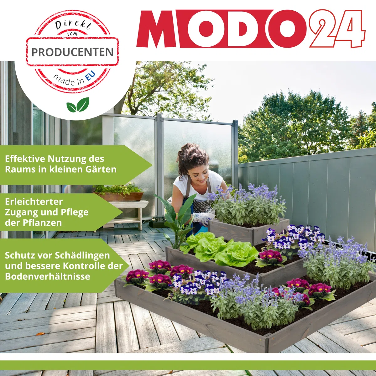 Hochbeet, Kräuterbeet, Gartenbeet, Pflanzbeet, Blumenbeet, Stufenbeet, Holz Stufen Treppe, für Garten und Terrasse, Kiefernholz, Massivholz, Abmessungen 45x92x92 cm, Farbe: Grau