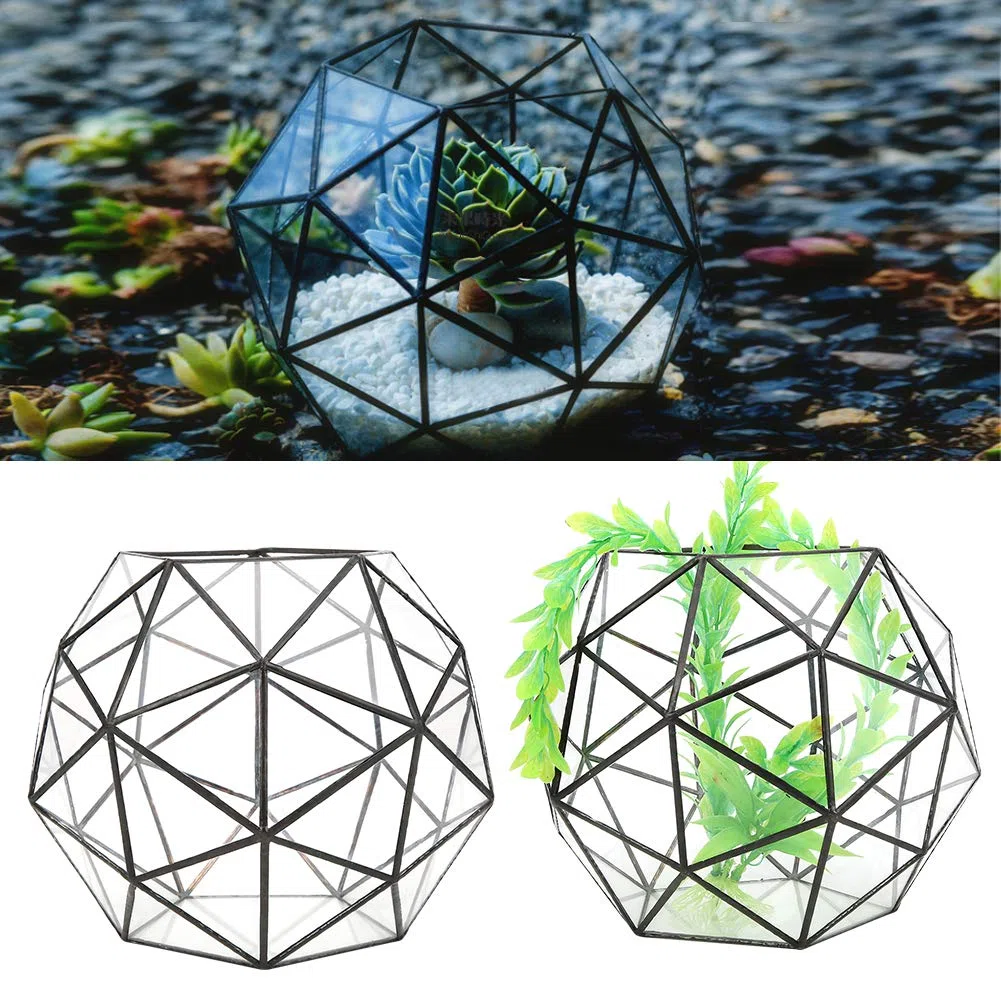 Geometrischer Glas-Blumentopf, 23 x 23 x 19 cm / 9,1 x 9,1 x 7,5 Zoll, eleganter Glas-Pflanzgefäß-Behälterhalter, vertikales Terrarium-Display für Garten, Büro, Schreibtisch