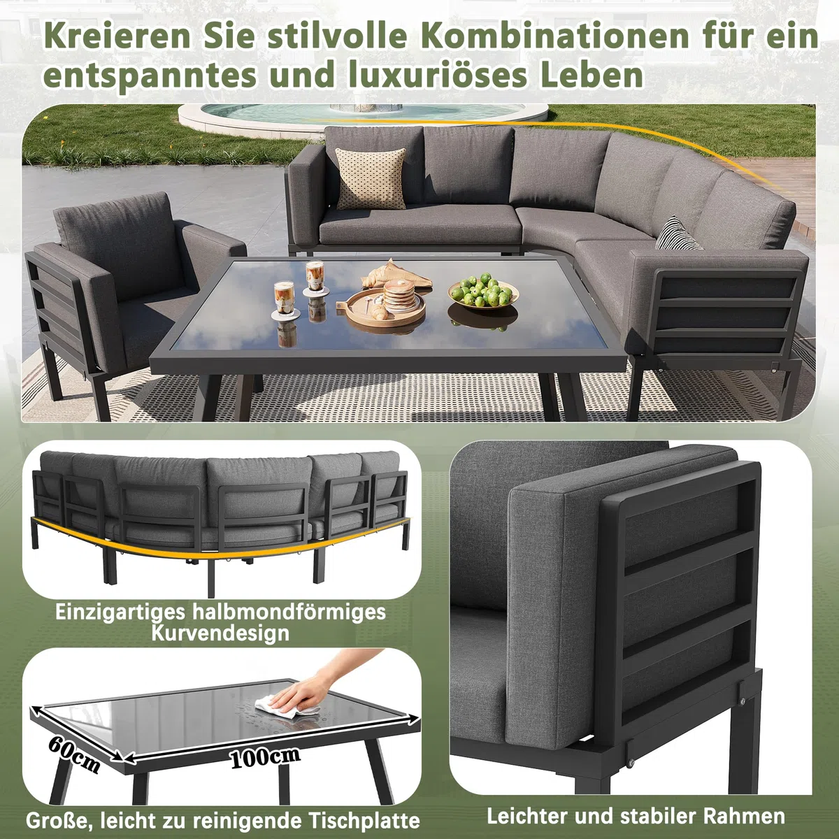 Mrwoo Halbmond Sofaset für 8 Personen mit Glastisch, 1 Sessel & 2 Hocker, Wetterfeste Gartenmöbel aus Eisengestell mit grauen Polstern für Terrasse & Balkon (Grau)