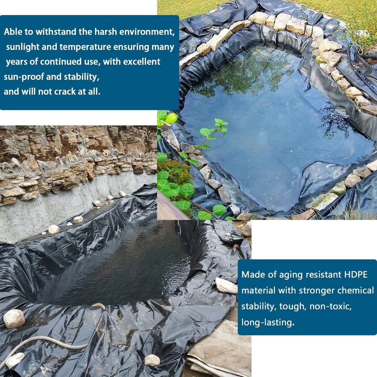 Hochdichte Polyethylen-Teichfolie, 2 mm dick, Fisch- und pflanzenverträglich, flexibel und wasserdicht. Ideal für Fischteiche, Springbrunnen, Wassergärten und Wasserfälle. Schwarz.