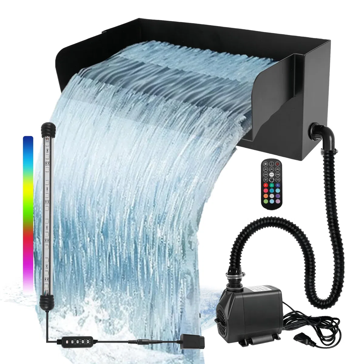 Teich Wasserfall Spillway 20cm Schwarze Edelstahl Wasserfall Teichfilter für Gartenteich Teich 45W 3000L/H with Pumpe und LED Licht für Wasserspiel Patio Terrasse Wasserwand Koiteich Außen