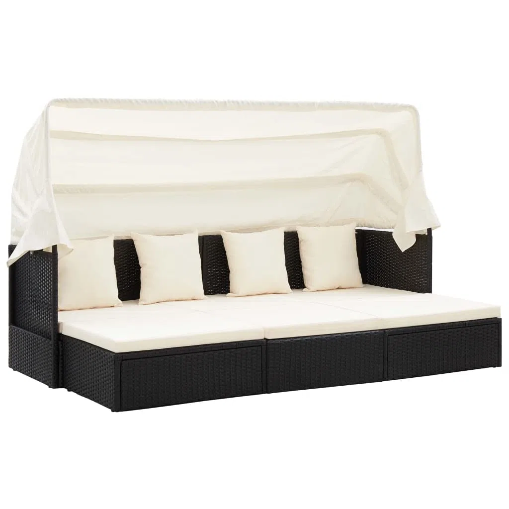 vidaXL Gartenbett mit Dach Sonnenliege Gartenliege mit Sonnenschutz Chaiselongue Sonnenbett mit Klapptisch Outdoor Lounge Schwarz Poly Rattan