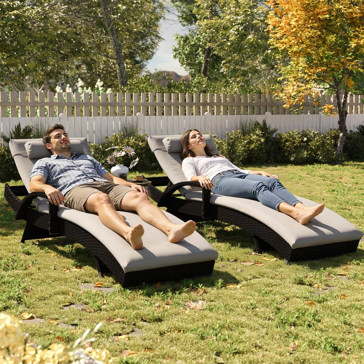 UDPATIO Polyrattan Sonnenliege, 5-Fach Verstellbarer Rückenlehne Gartenliege, Wetterfest Rattanliege mit Polsterauflage & Kopfkissen für Garten, Balkon und Terrasse - Schwarz & Grau Bezüge