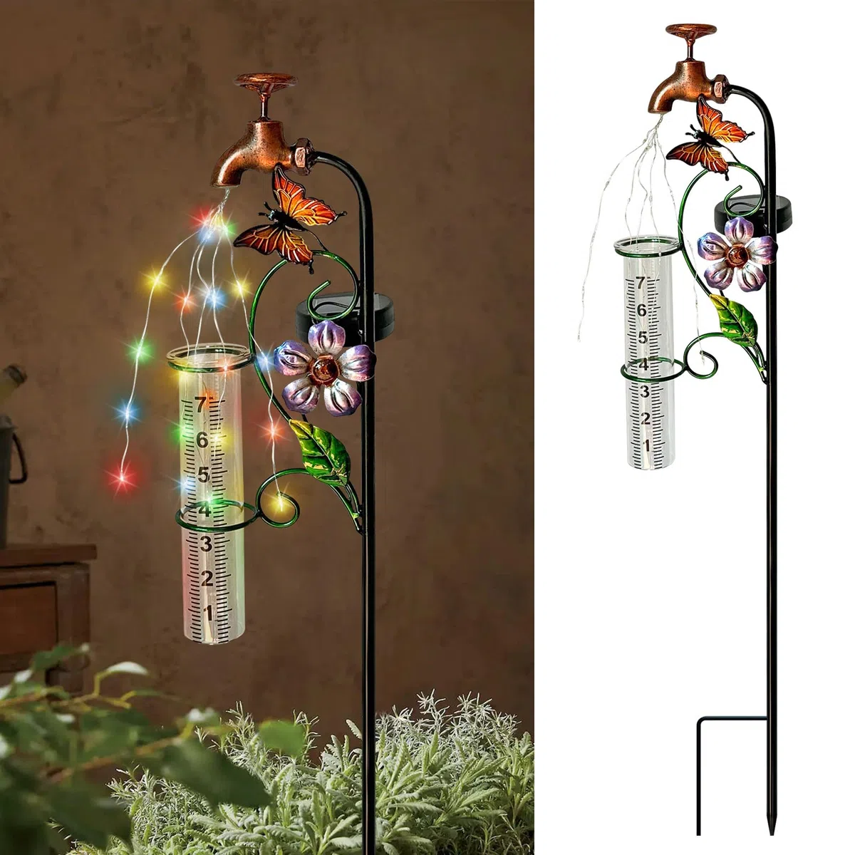 Glas-Regenmesser für den Außenbereich, Solarleuchten, Wasserhahnpfahl mit Regenmessern, fließendes Wasser, LED-Lichter, Pfahl für draußen, Hofkunst, Gartendekoration