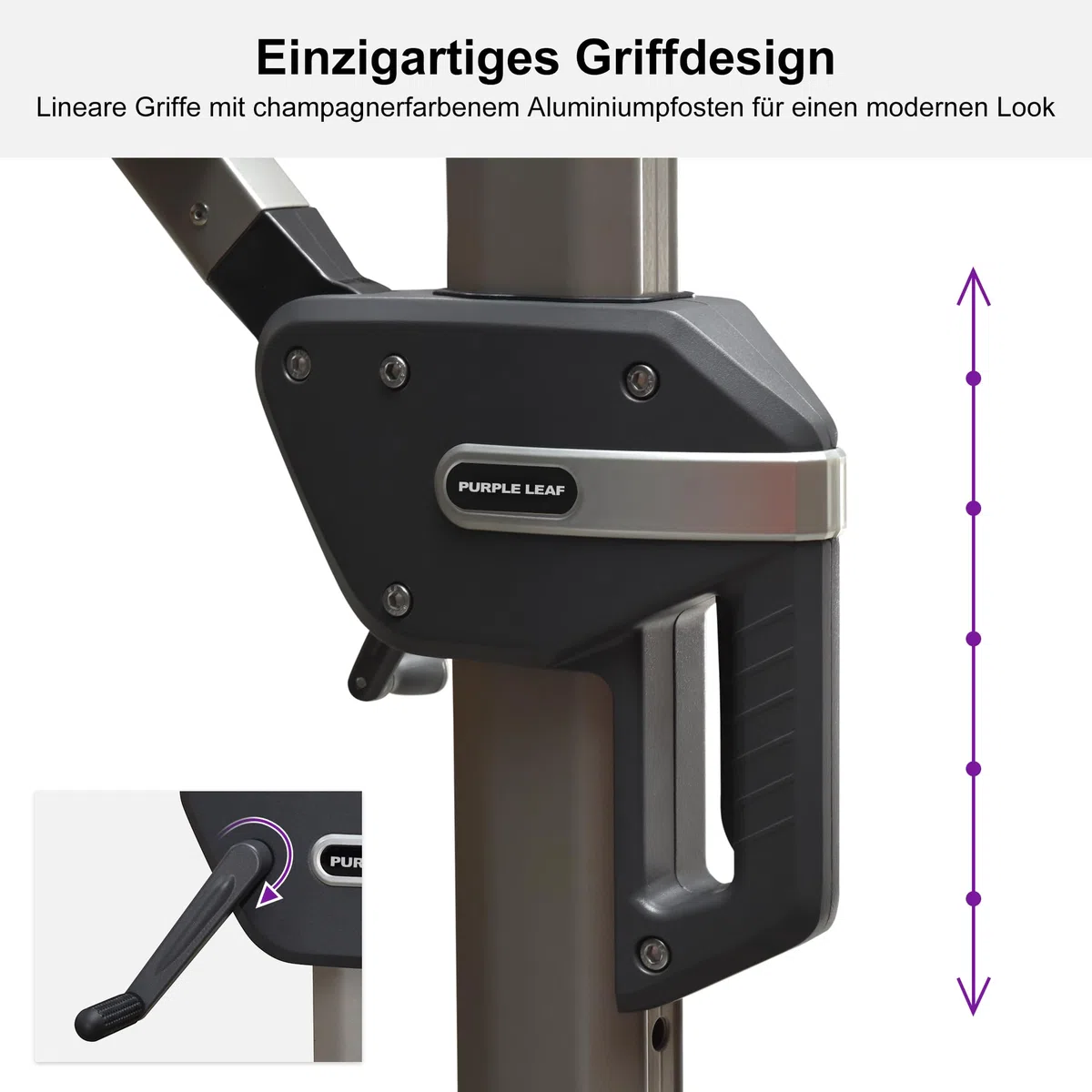 PURPLE LEAF Sonnenschirm 270 × 350 cm Champagnerframe Antirutschgriff Taupe | Ampelschirm Rechteckig, 8 Rippen & Dreieckskonstruktion, Stabil, Robust, 360° Flexibilität, Mehrfach Verstellbar, Komfortable