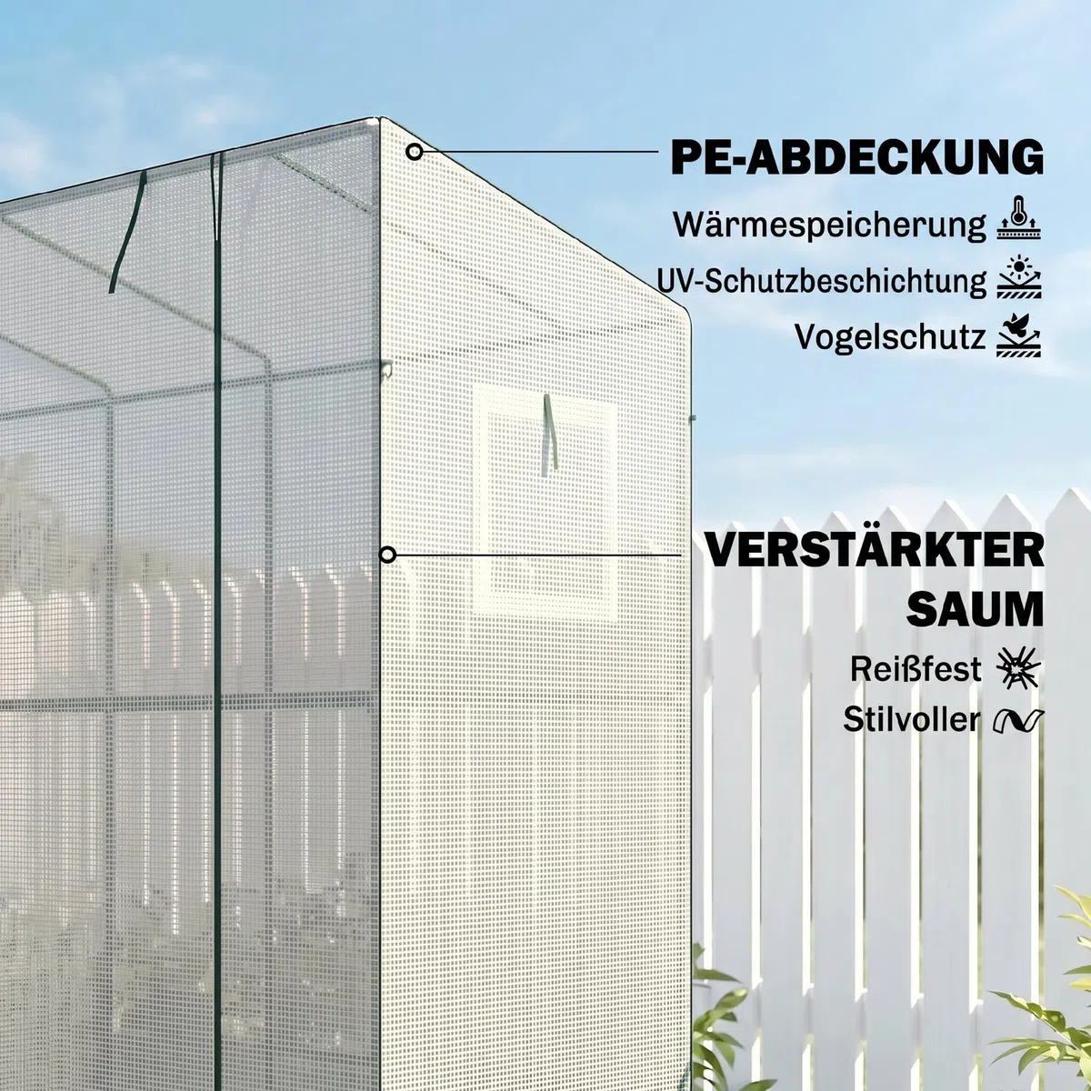 Outsunny Gewächshaus mit Rolltür 2 Fenster Winterfest 200x76x170cm Weiß | Foliengewächshaus aus Stahl, Treibhaus für Balkon Garten, Tomatenhaus mit UV Schutz, Tomatengewächshaus für Gemüse Blumen