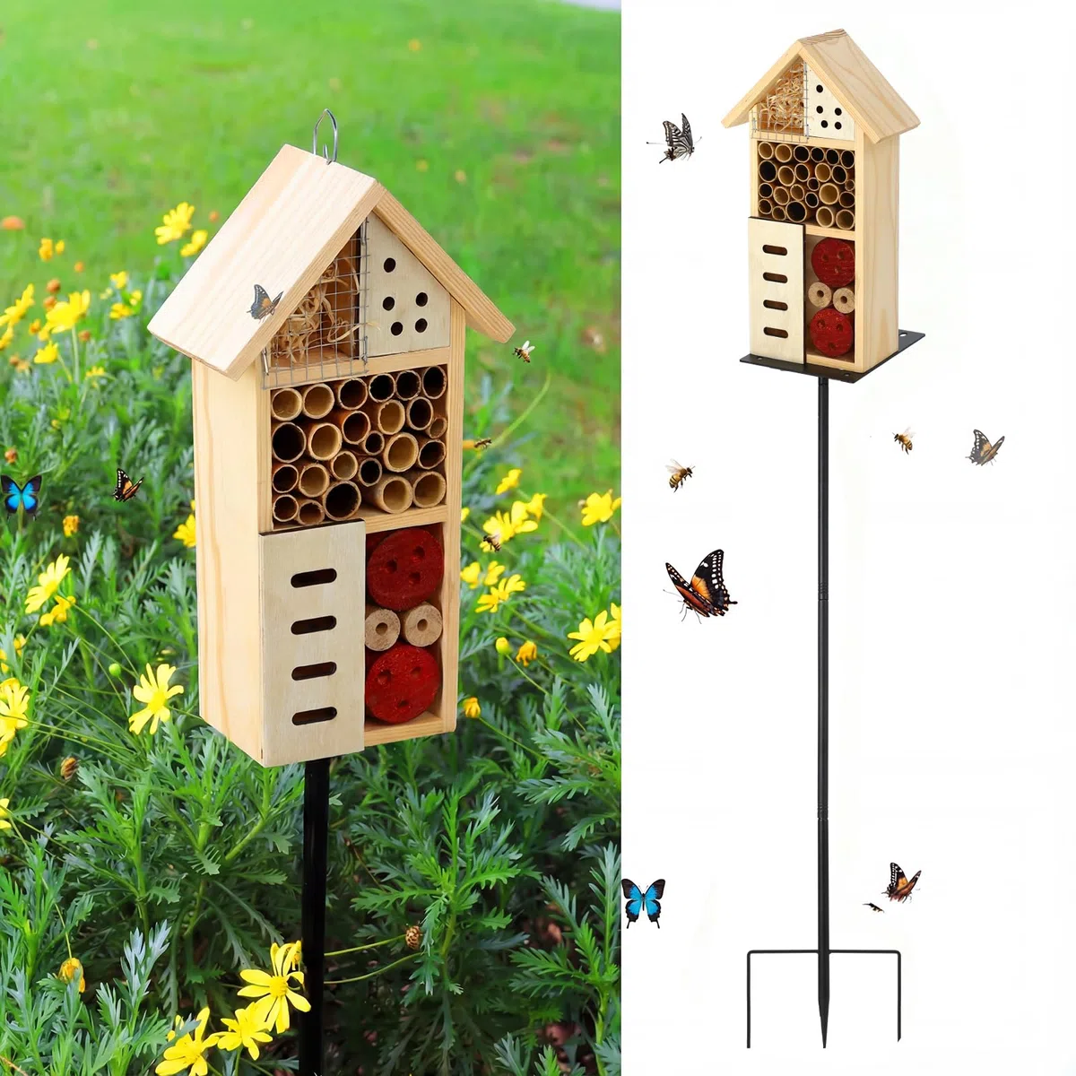 Novabright Insektenhaus aus Holz mit Metallpfahl Insektenhotel Bienenhaus Natur Käfer Lebensraum für Biene Schmetterling Marienkäfer Nützlich Käfer Outdoor Garten Hinterhof