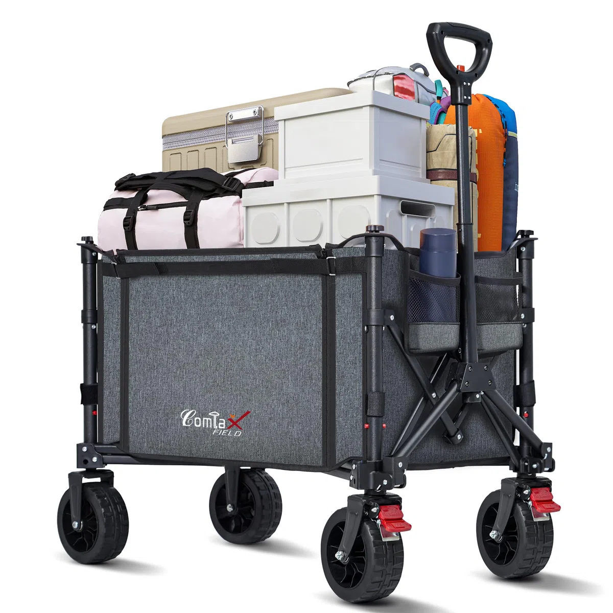 COMLAX FIELD Bollerwagen Faltbar mit Große All Terrain Räder, 120L 100KG Klappbarer Bollerwagen mit Bremsen, Strandwagen Für Strand Garten Camping Shopping, Grau