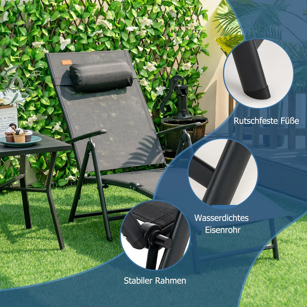 COSTWAY Sonnenliege klappbar, Gartenliege mit Kopfstütze, Armlehnen und 7 verstellbaren Rückenlehnen, Klappliege bis 150 kg belastbar, tragbarer Liegestuhl für Garten, Terrasse, Balkon, Schwarz