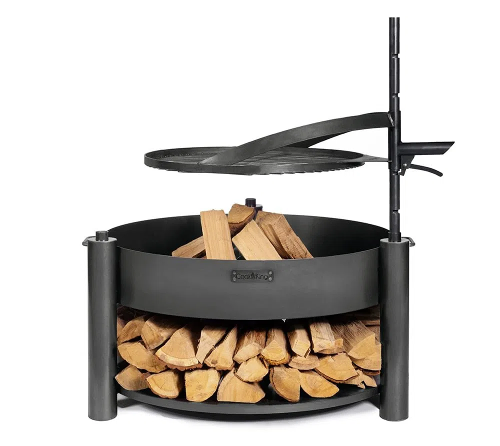 CookKing Feuerschale Montana X 60 mit Holzlager und Zubehör aus Rohstahl Ø 60 cm handgeschweißt wetterfest inklusive Grillrost und Befestigungsmast für Garten Terrasse Outdoor