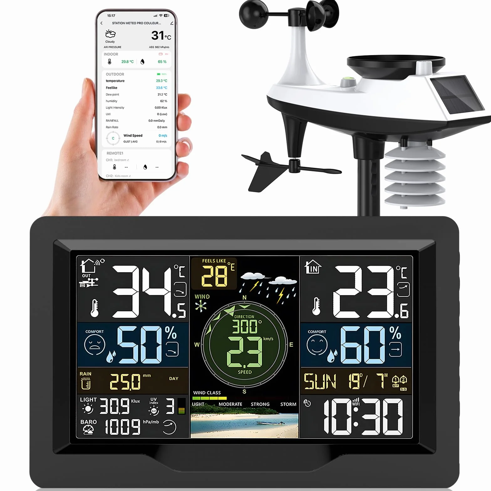 jely Wlan Wetterstation mit APP Wifi Wetterstation Funk mit Außensensor Thermometer Hygrometer Ausen Funkwetterstation mit Windmesser, Regenmesser, Temperatur, Luftfeuchtigkeit, Luftdruck, UV-Index