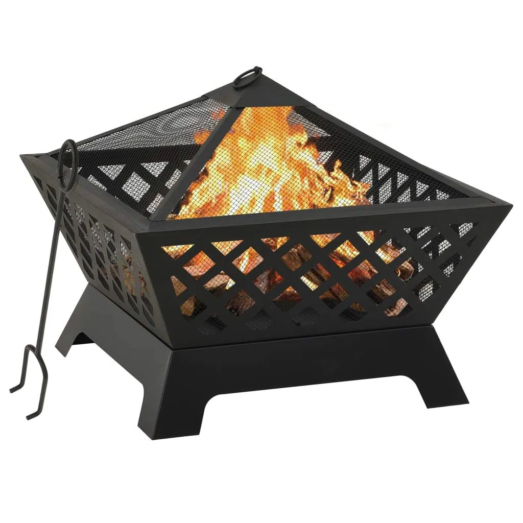 Feuerstelle mit Schürhaken 64 cm XXL Stahl, schwarzer Kamin ofen für terrasse und garten, mit funkenschutz, gitterabdeckung, wärme und deko für behaglichkeit im außenbereich