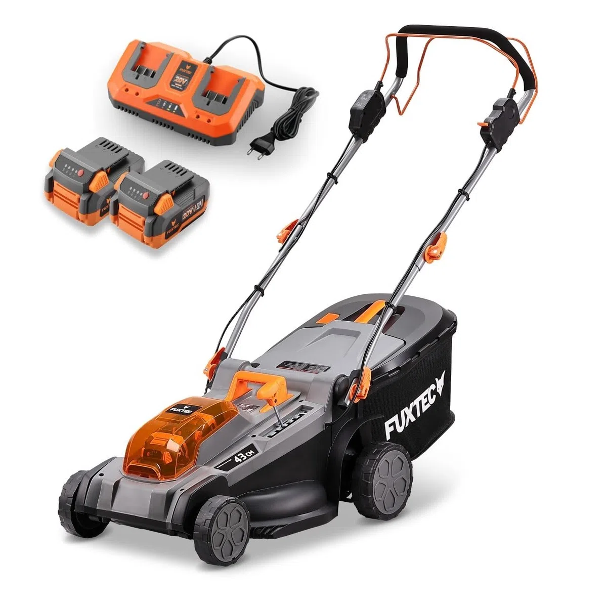 FUXTEC 40V Akku Rasenmäher FX-E2RM43PRO • AkkuMäher mit Akku & Ladegerät • 43 cm • FlexSpeed Variable Geschwindigkeit • Radantrieb • Schnitthöhenverstellung • Grasfangkorb und Mulchfunktion