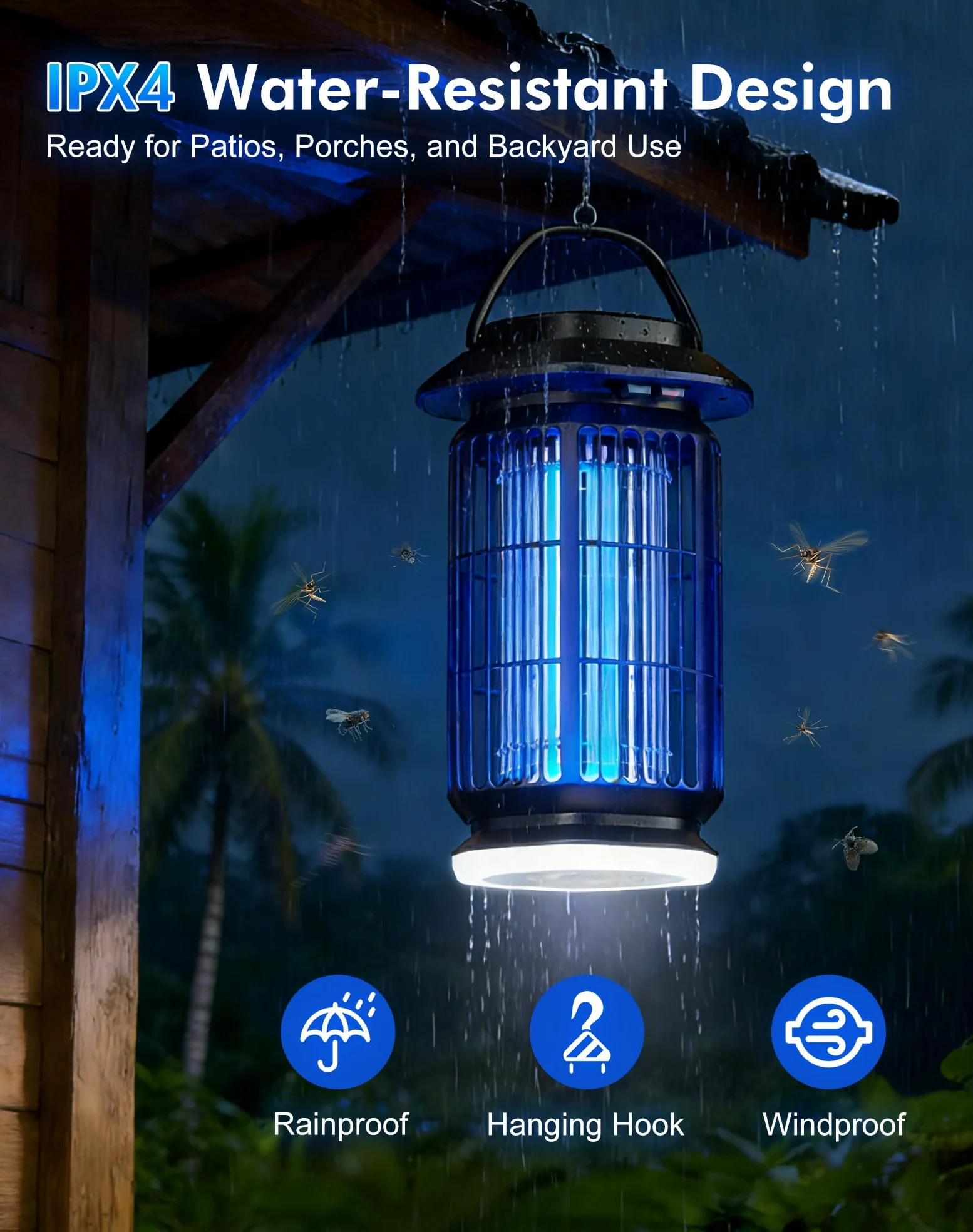 Bug Zapper Outdoor & Indoor, 4400V Elektrischer Mückenzapper mit UV & Blaulicht, Extra weiße LED, deckt bis zu 2100 m² ab, IP64 Wasserdicht