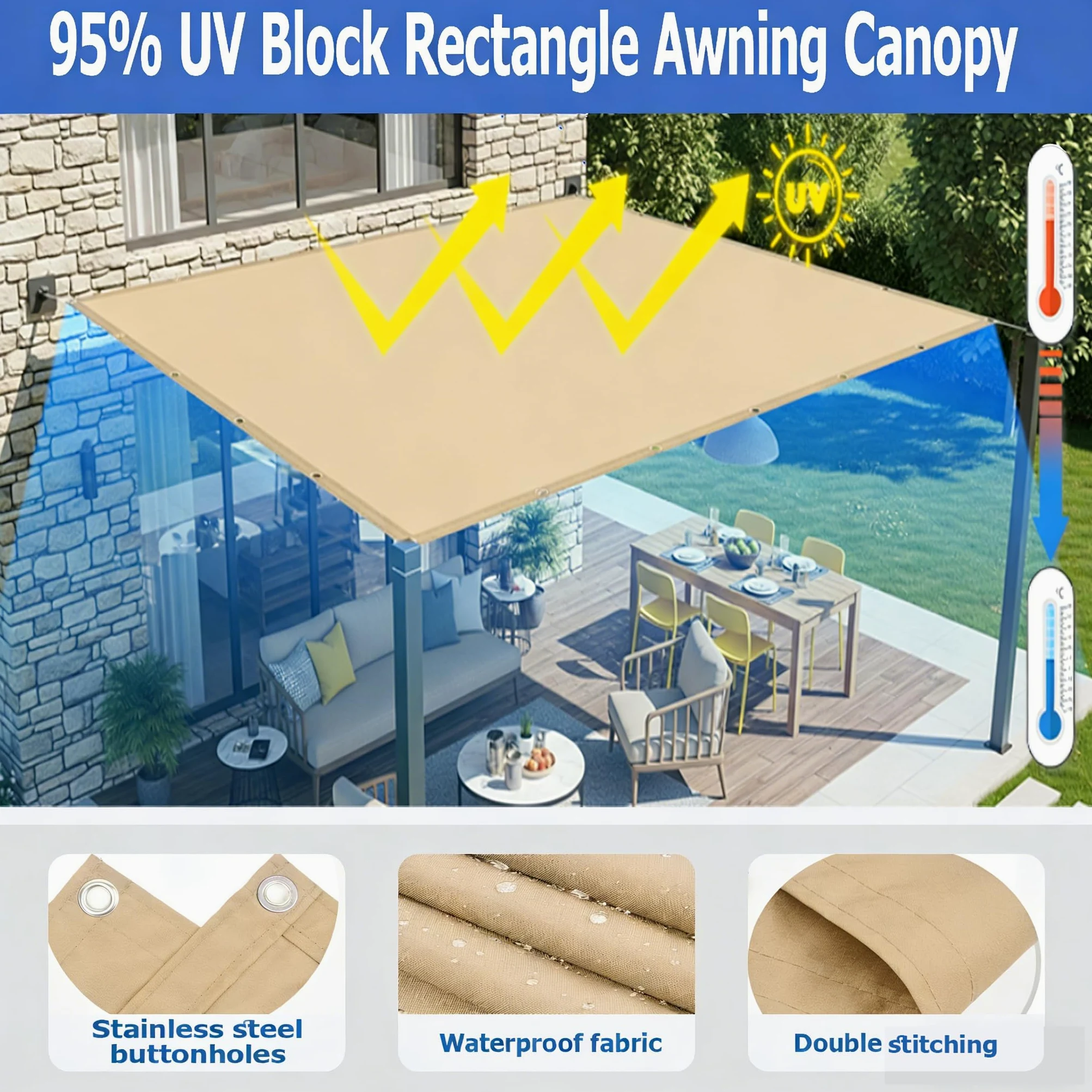 Sonnensegel Wasserdicht 4x5M Sonnensegel Rechteckig mit Ösen Markisenstoffe UV Schutz Wetterfest mit Seilen für Garten Terrasse Balkon, Sandfarbe