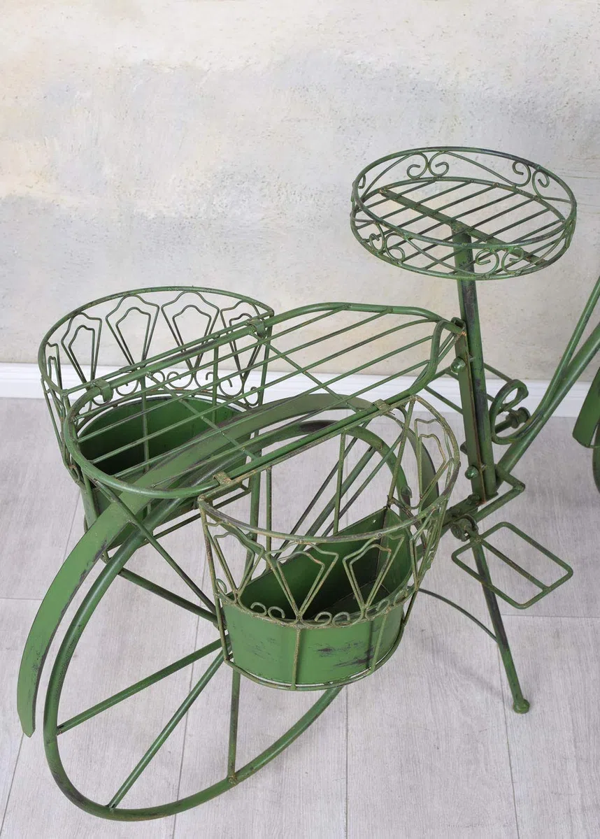 PFLANZFAHRRAD „LE JARDIN DE PROVENCE“ – Deko Fahrrad aus Eisen im Vintage Stil mit 4 Pflanzkörben Grün Garten Deko Metallrad zum Bepflanzen Terrasse Balkon Höhe 86 cm Länge 140 cm Tiefe 43 cm