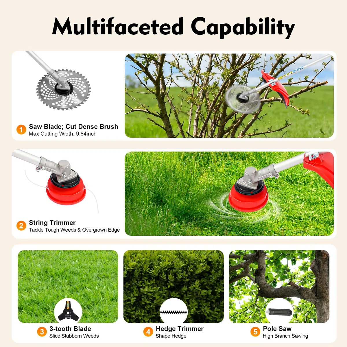 52cc Benzin-Heckenschere und Gartensäge mit Langer Reichweite, 4IN1 Motorsense Hochentaster Heckenschere Kettensäge zum Schneiden und Sägen von Rasenkanten, Rasen